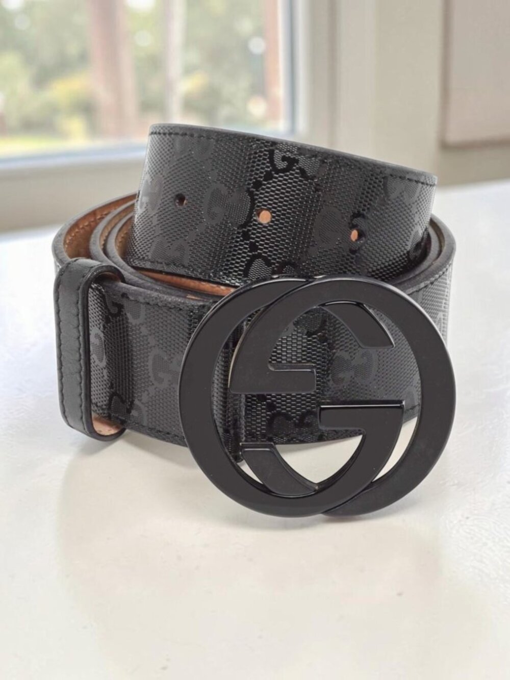 Stunning Gucci Black Imprime Black Belt with Interlocking GG Buckle fits 36" Wai